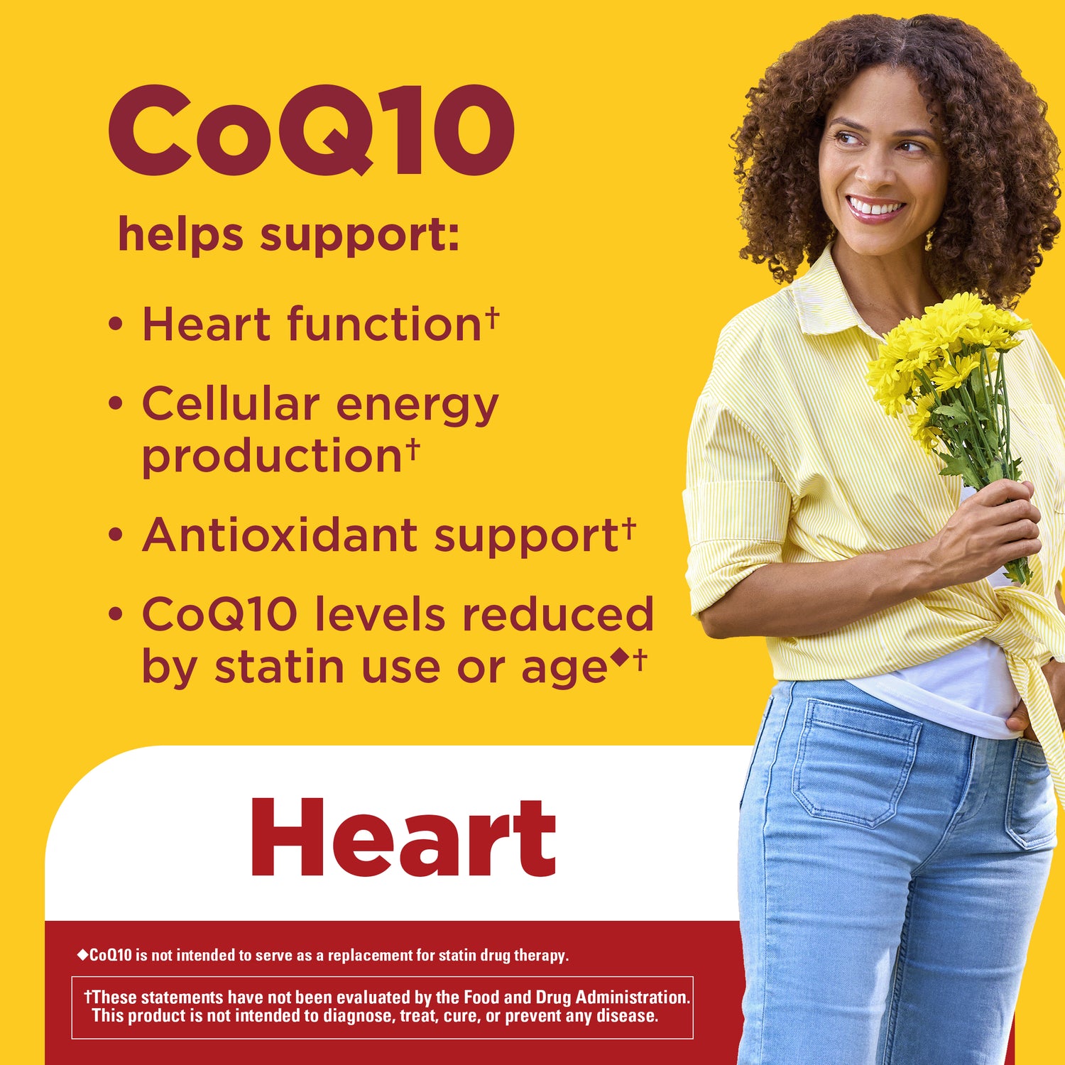 CoQ10 Gummies 200 mg Per Serving | Woman holding flowers with CoQ10 gummies benefits graphic supporting heart function, cellular energy production, and antioxidant support.
