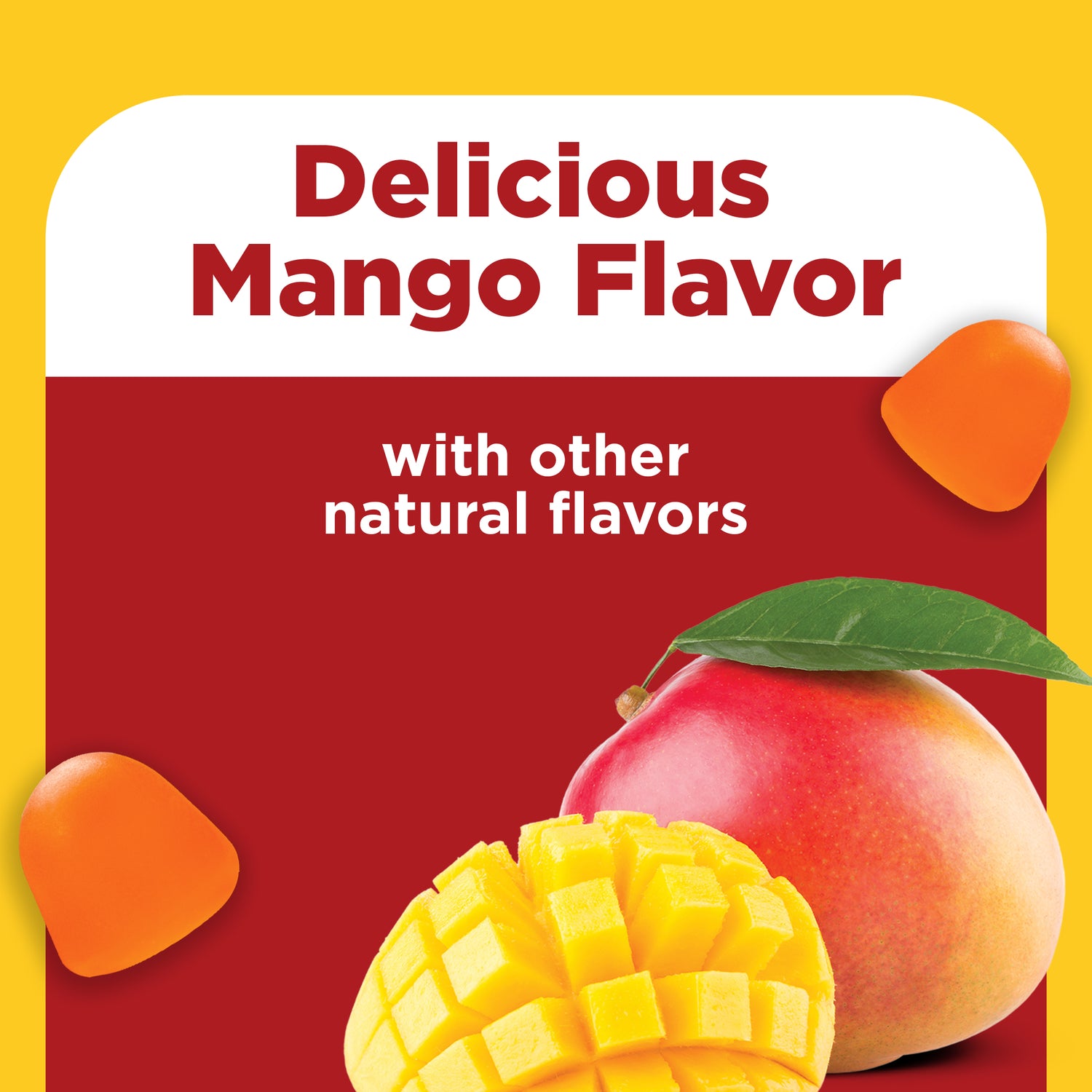 CoQ10 Gummies 200 mg Per Serving | Product label with mango and peach illustration and 'Delicious Mango Flavor' text on a yellow and red background.