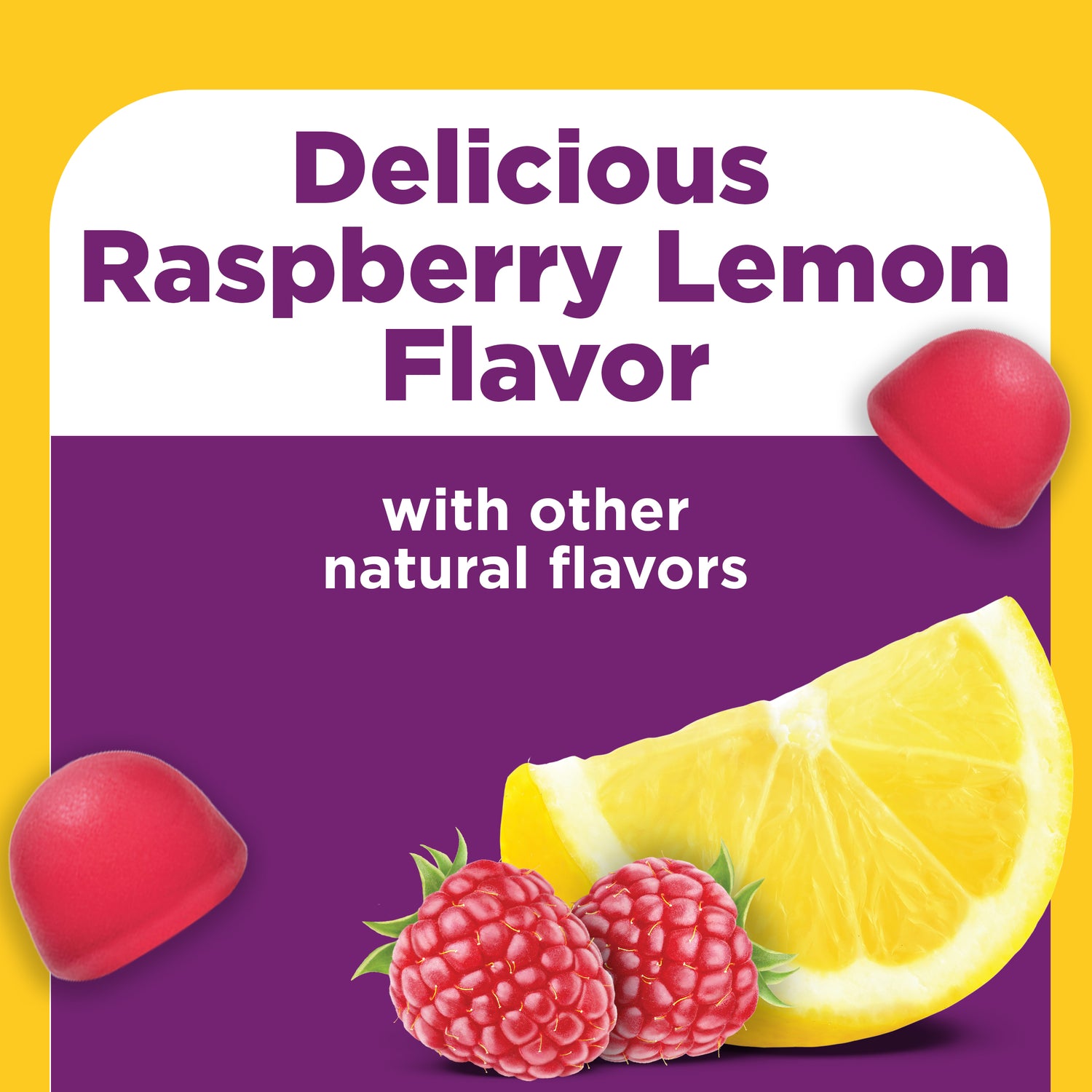 Triple-Action Biotic Gummies | Raspberry lemon–flavored probiotic gummies with fruit imagery and natural flavor callout.