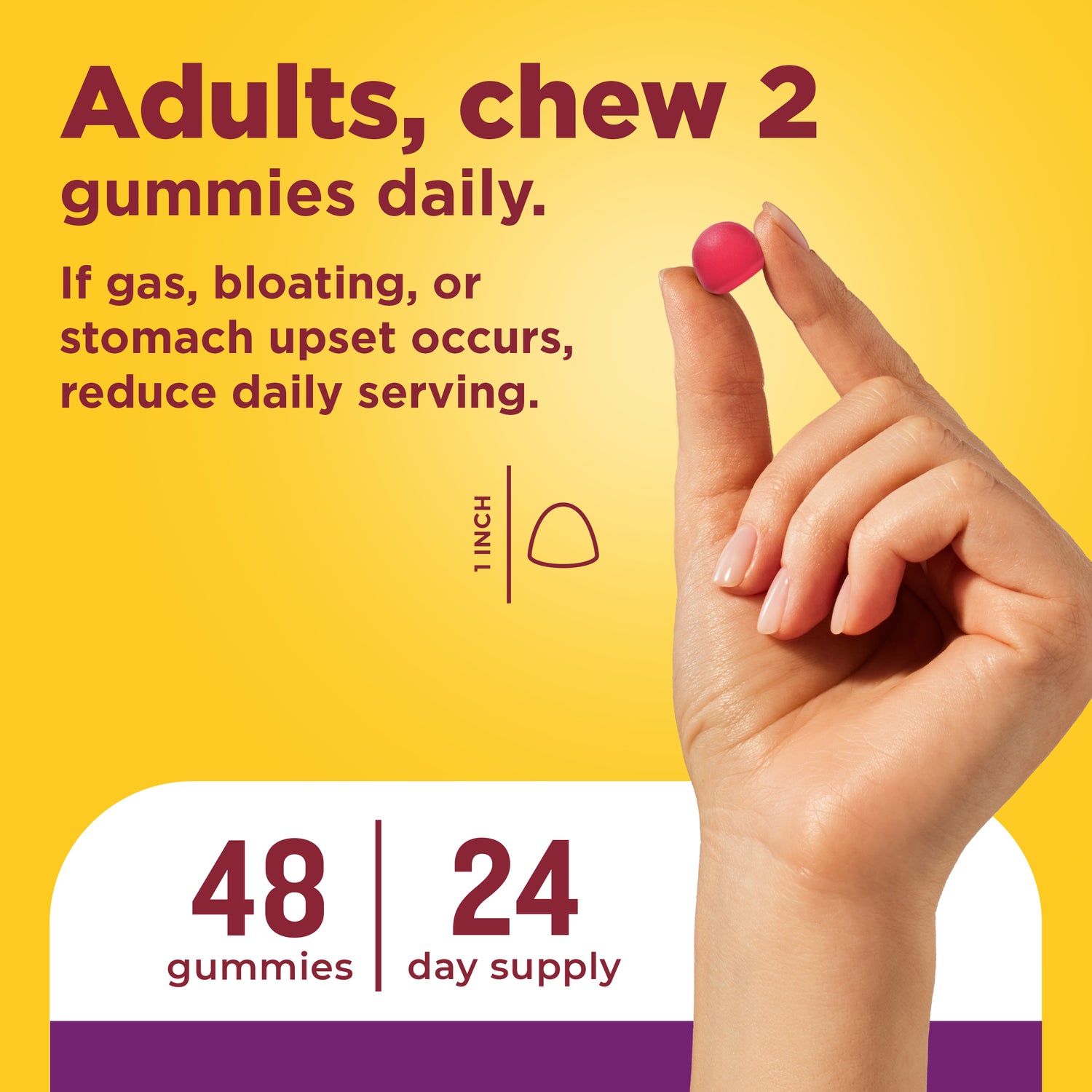 Triple-Action Biotic Gummies | Hand holding a probiotic gummy with dosage instructions showing two gummies daily and 24‑day supply.