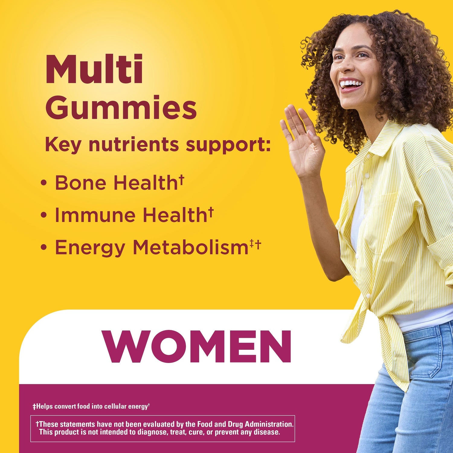 Women's Multivitamin Gummies | Woman smiling beside Nature Made multivitamin gummies highlighting bone, immune, and energy support