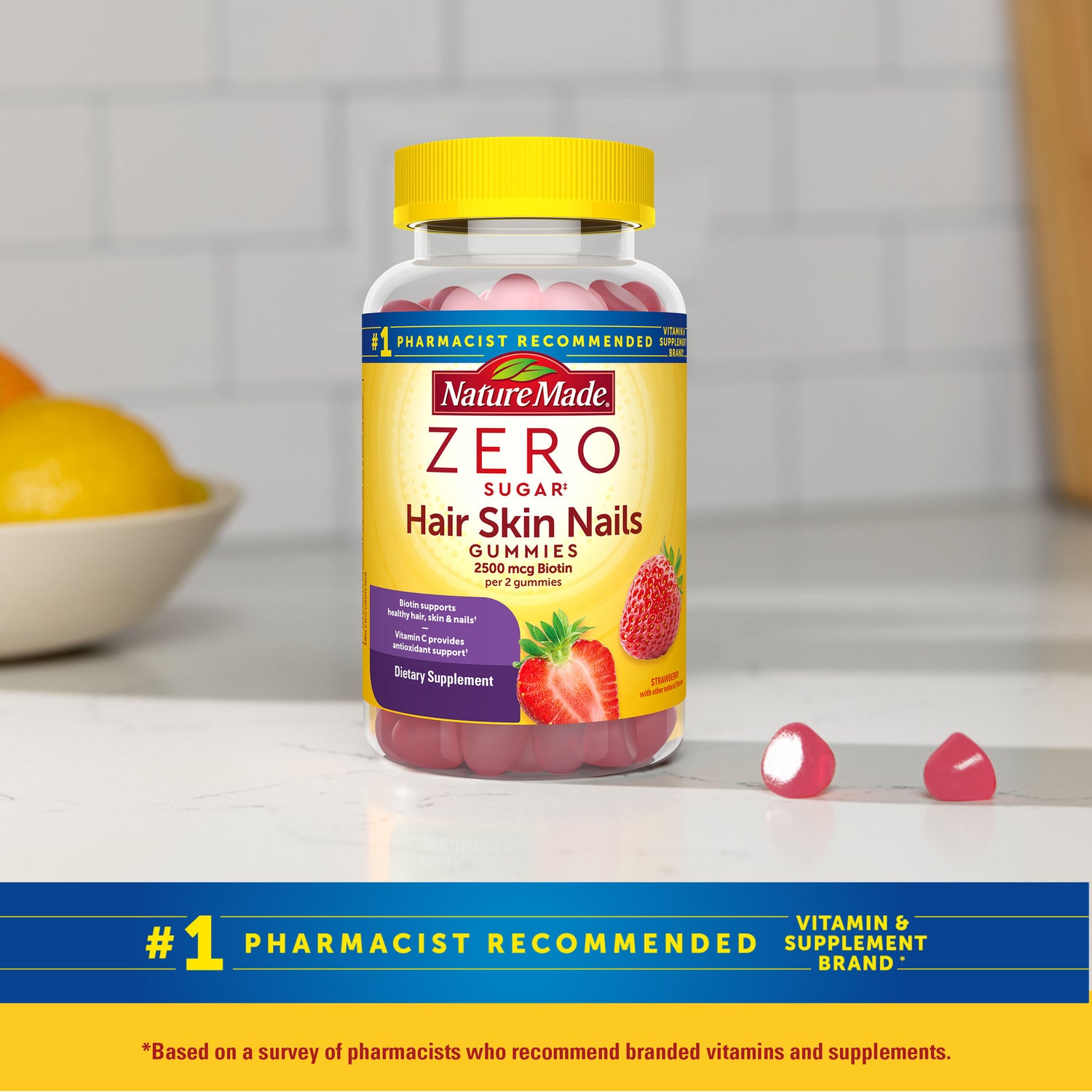 Zero Sugar‡ Hair Skin Nails Gummies | Number 1 Pharmacist Recommended Vitamin and Supplement Brand. Based on a survey of pharmacists who recommend branded vitamins and supplements.