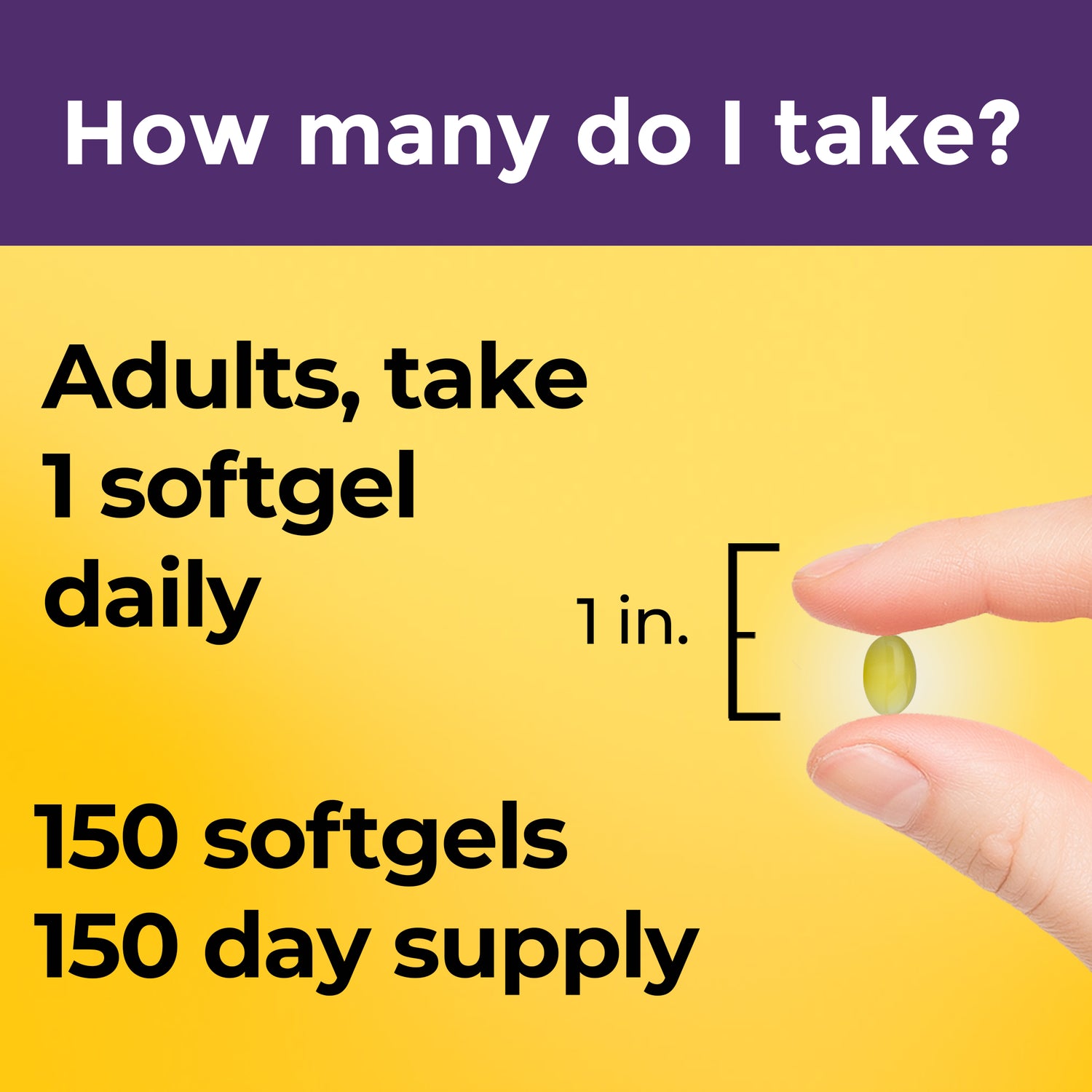 Biotin Extra Strength 2500 mcg Softgels | Instructional graphic about taking softgels with text and a hand holding a softgel against a yellow background.
