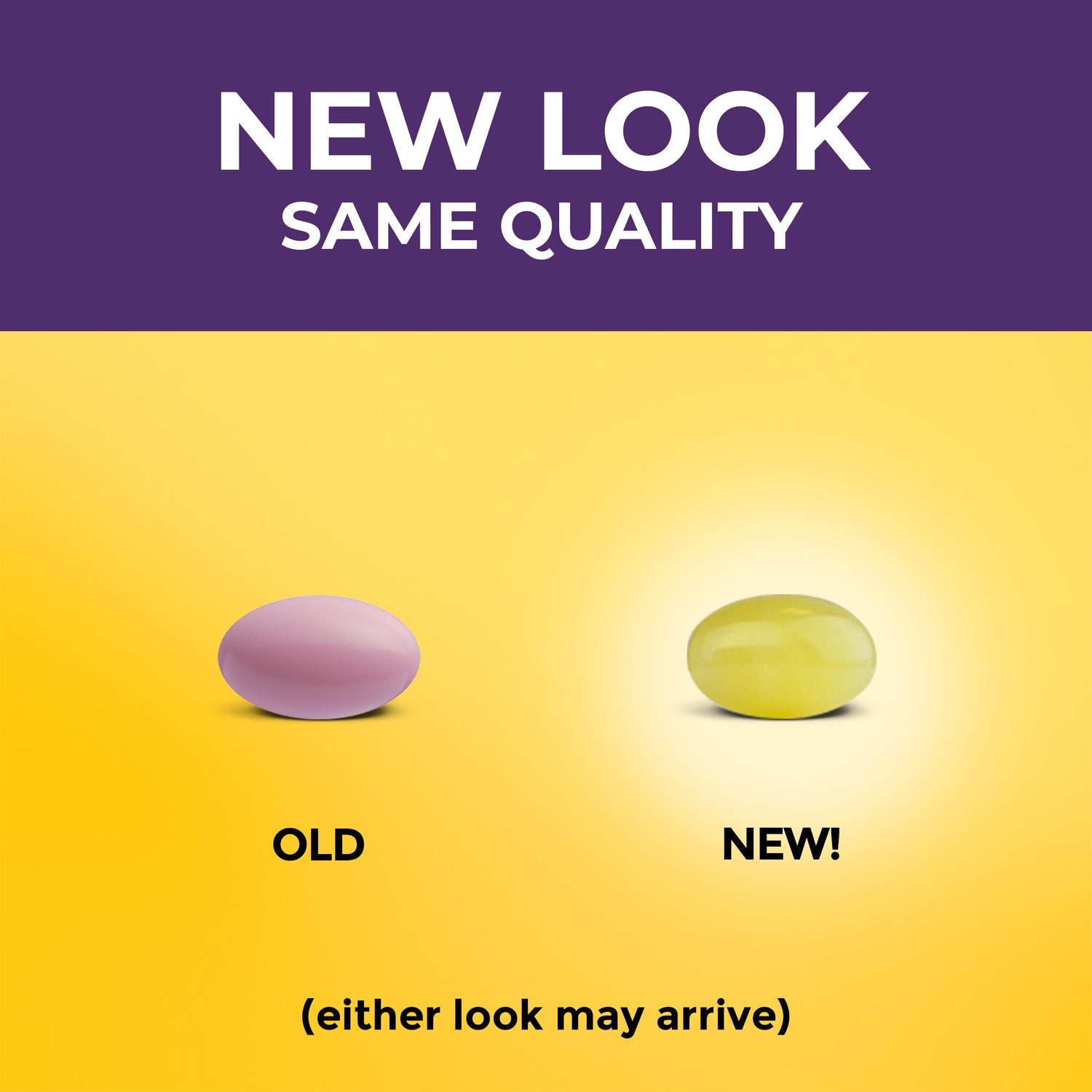 Biotin Extra Strength 2500 mcg Softgels | Graphic showing a product update with a purple header reading ‘New Look, Same Quality,’ comparing an old pink softgel to a new yellow softgel on a yellow background.