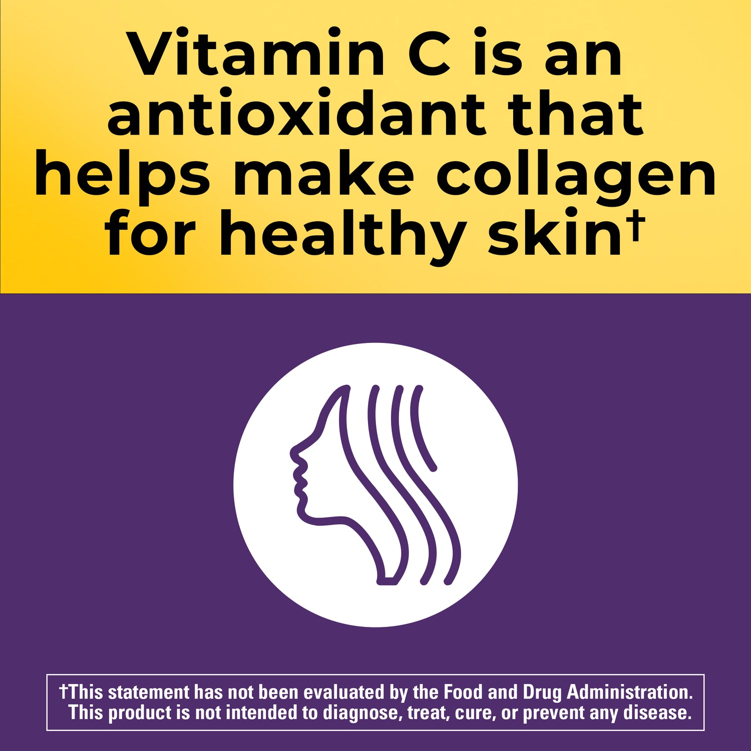 Hair-Skin-Nails‡ Gummies | Vitamin C antioxidant benefits graphic stating it helps make collagen for healthy skin, with an icon of a face and hair on a purple background.