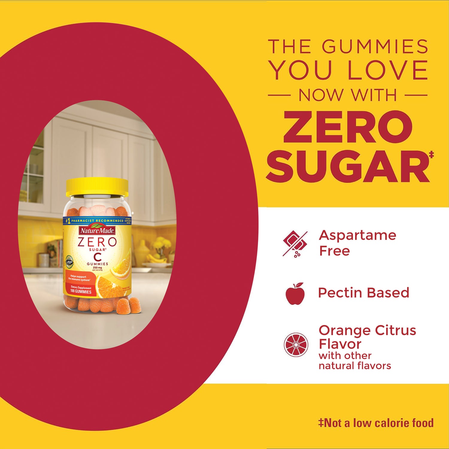 Zero Sugar‡ Vitamin C Gummies 250 Mg Per Serving | Advertisement for Nature Made Zero C gummies with a kitchen background