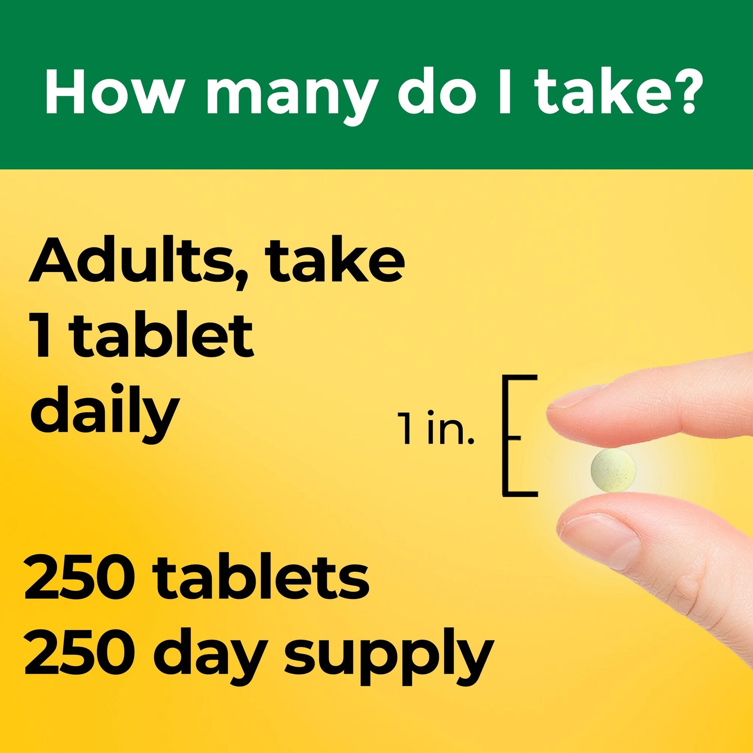 Folic Acid 400 mcg Tablets | Nature Made Folic Acid 400 mcg 250 tablets instructional graphic about taking a daily pill dose, showing a hand holding a pill next to an inch marker.