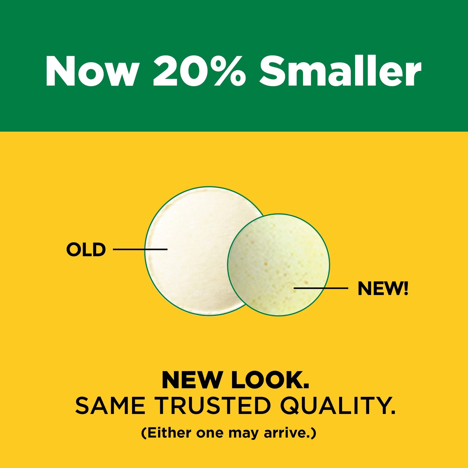 Folic Acid 400 mcg Tablets | Now 20% smaller text with comparison of 'Old' and 'New' tablet size on a yellow background