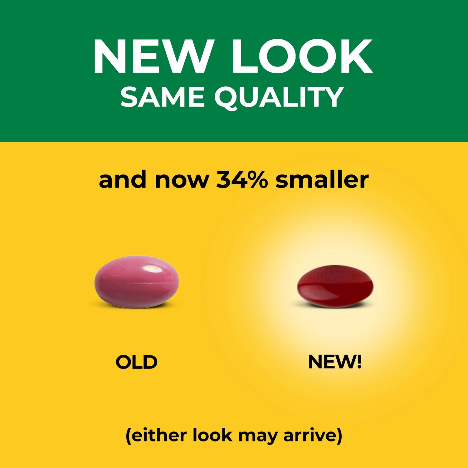Vitamin B12 Extra Strength 3000 mcg Softgels | Vitamin B12 Extra Strength 3000 mcg Softgels comparison of an old and new pill size on a green and yellow background with text 'New Look, Same Quality'.