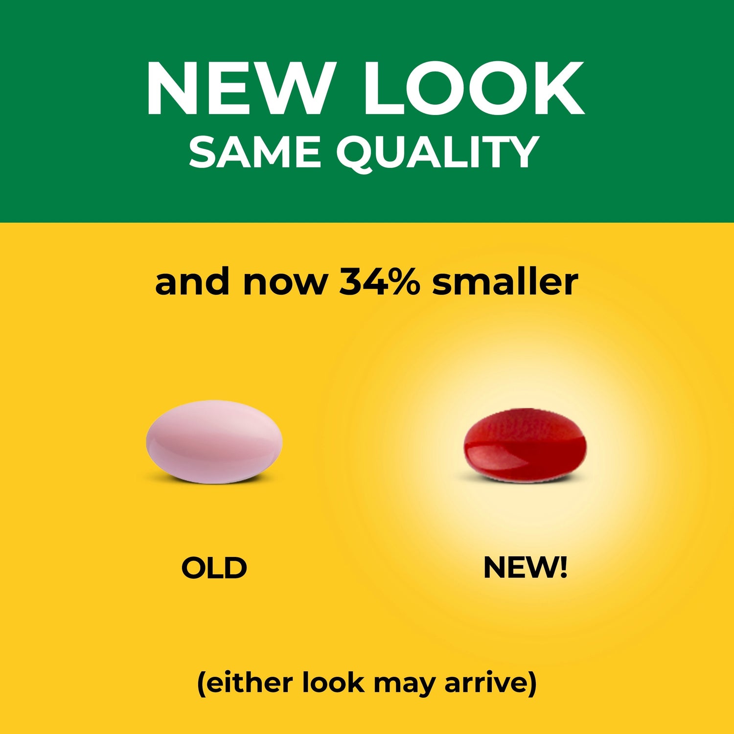 Vitamin B12 1000 mcg Softgels | Vitamin B12 1000 mcg Softgels comparison of an old and new pill size on a green and yellow background with text 'New Look, Same Quality'.