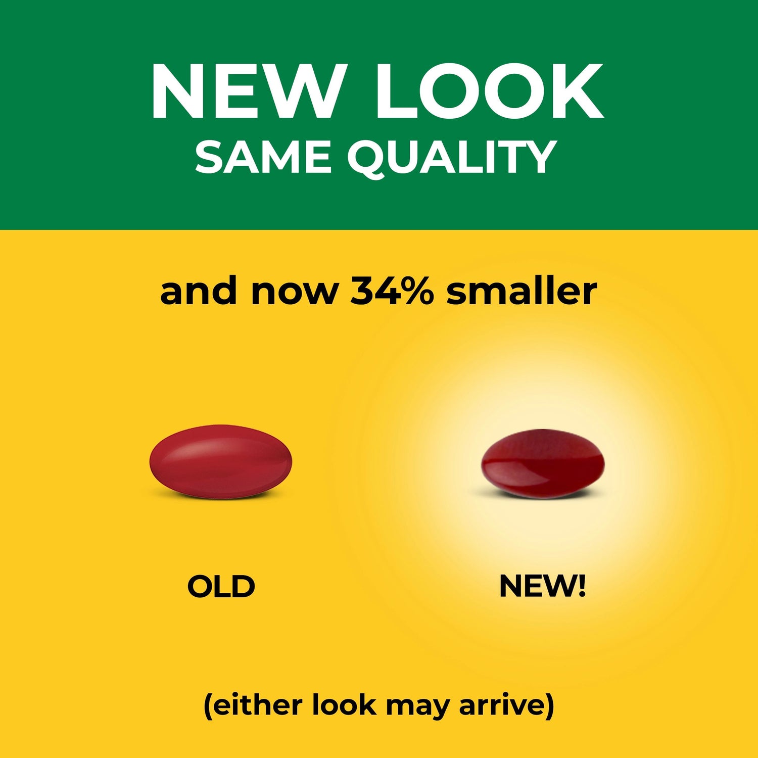 Vitamin B12 Maximum Strength 5000 mcg Softgels | Vitamin B12 Maximum Strength 5000 mcg Softgels comparison of an 'old' and 'new' pill with text 'New Look Same Quality and now 34% smaller'.