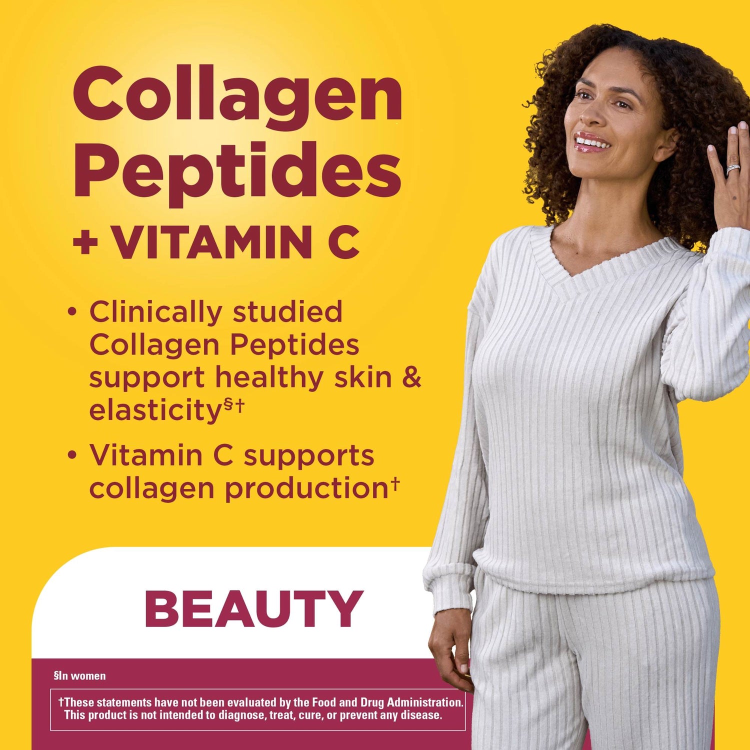 Collagen Peptides + C Gummies | Nature Made Collagen Peptides + C gummy supplement benefit details with a woman in a white outfit on a yellow background.