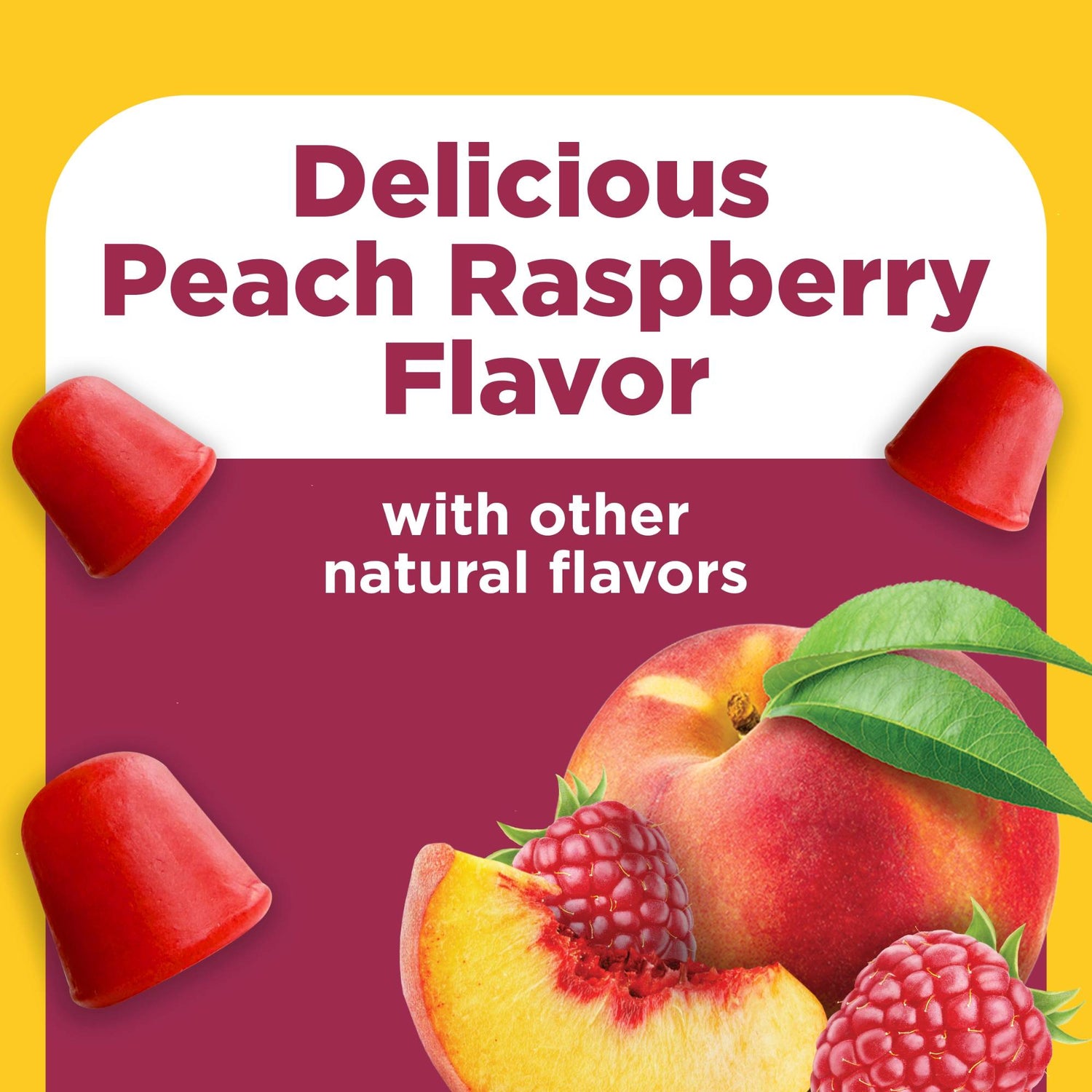 Collagen Peptides + C Gummies | Delicious peach raspberry flavor candy text on a yellow background with gummies and peaches.