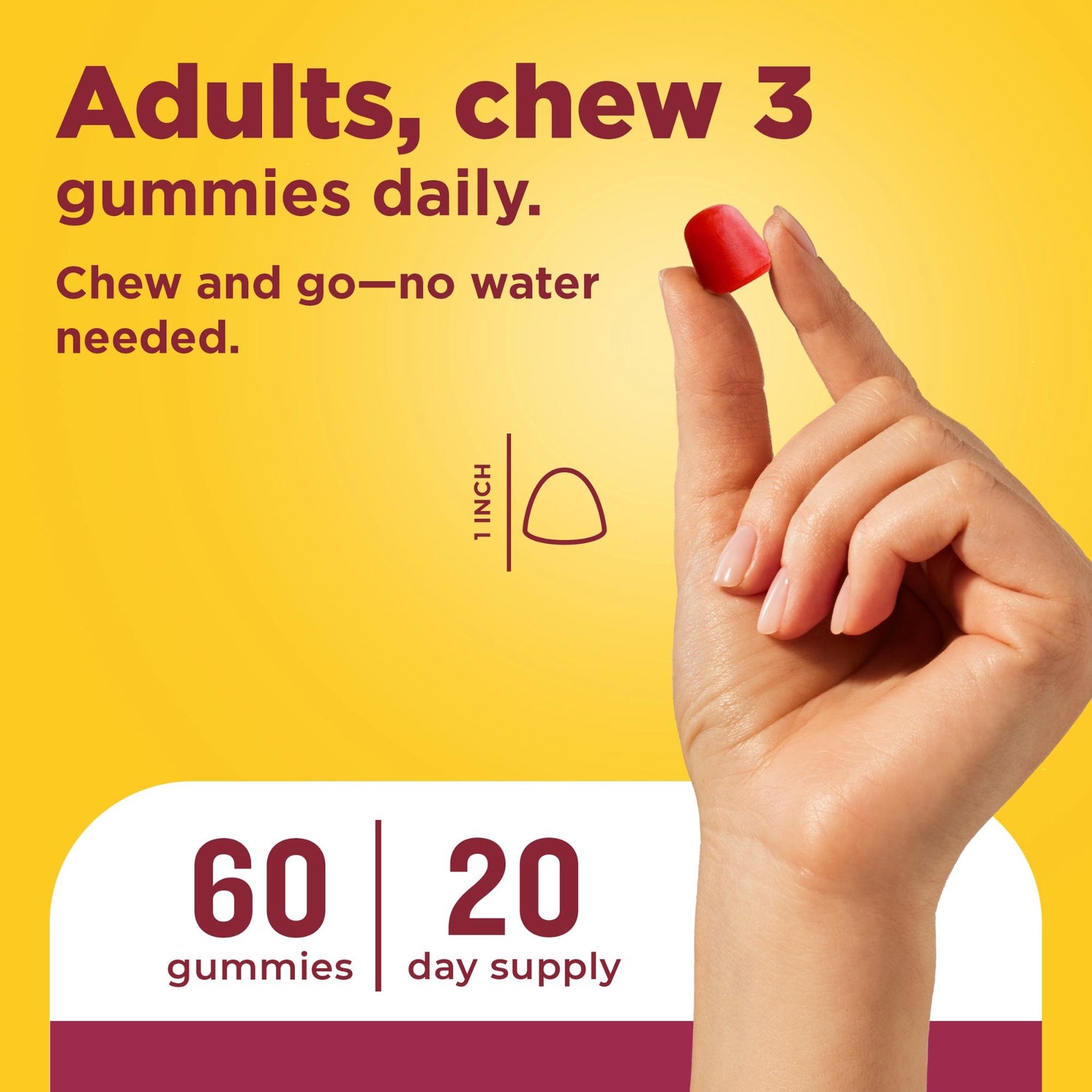 Collagen Peptides + C Gummies | Hand holding a red gummy with daily consumption text for Nature Made Collagen Peptides + C gummy supplement on a yellow background.