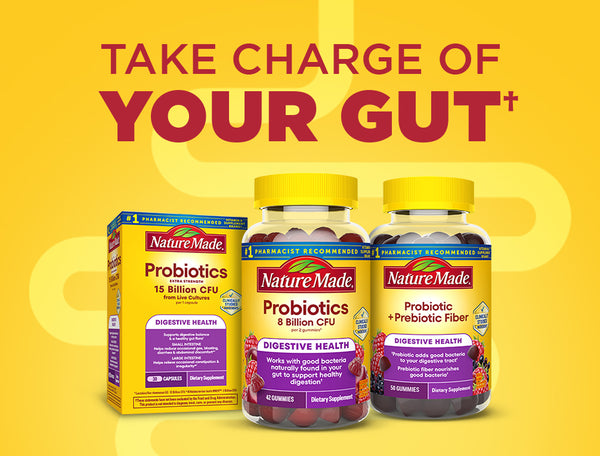 Nature Made probiotics supplements on a yellow background with Take Charge of Your Gut text.