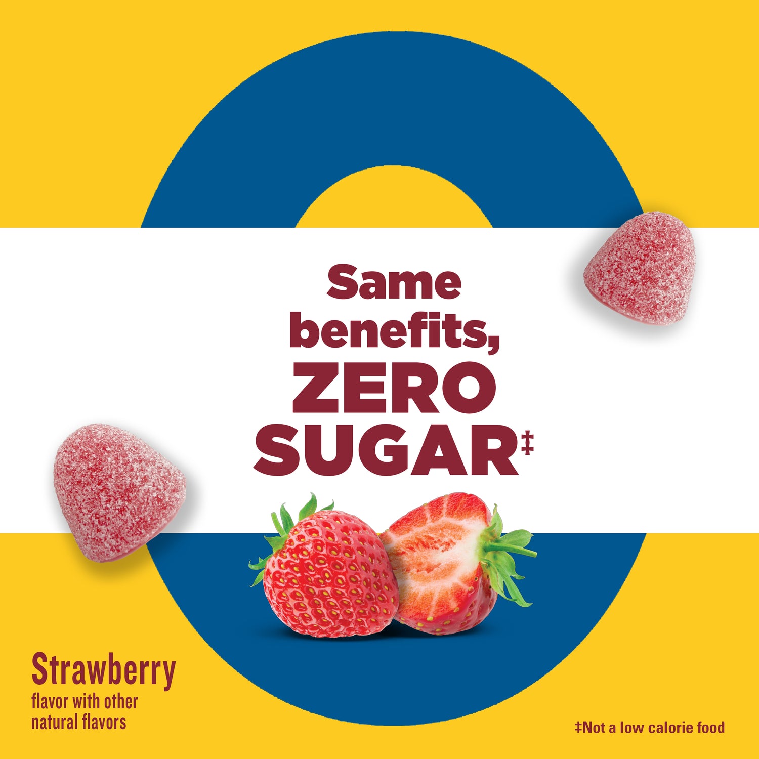 Zero Sugar‡ Magnesium Citrate Gummies 200 Mg Per Serving | Strawberry-flavored product packaging with 'Same benefits, Zero Sugar' text on a yellow and blue background.