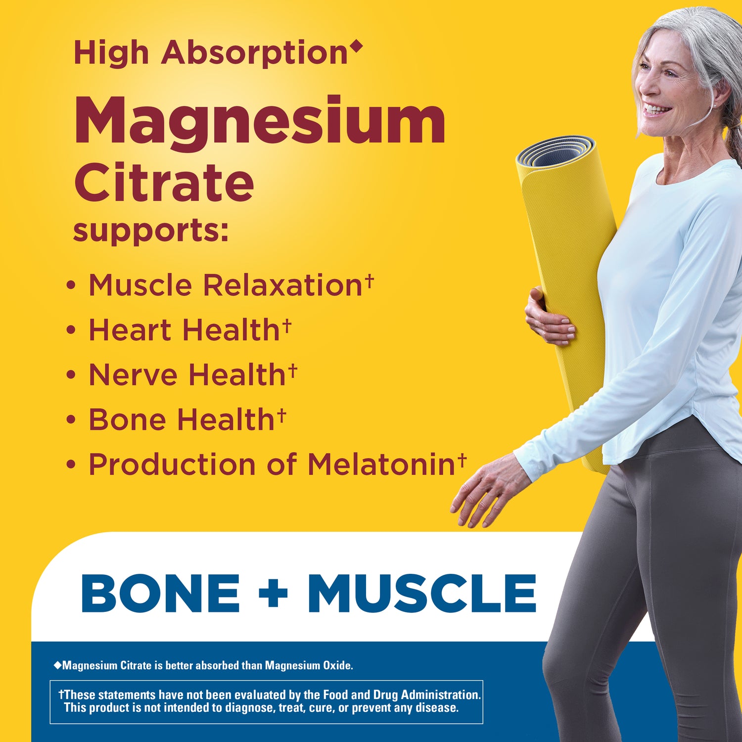 Zero Sugar‡ Magnesium Citrate Gummies 200 Mg Per Serving | Zero sugar magnesium citrate gummies benefit graphic supporting muscle relaxation, heart health, nerve health, and bone health with a woman holding a yoga mat on a yellow background.