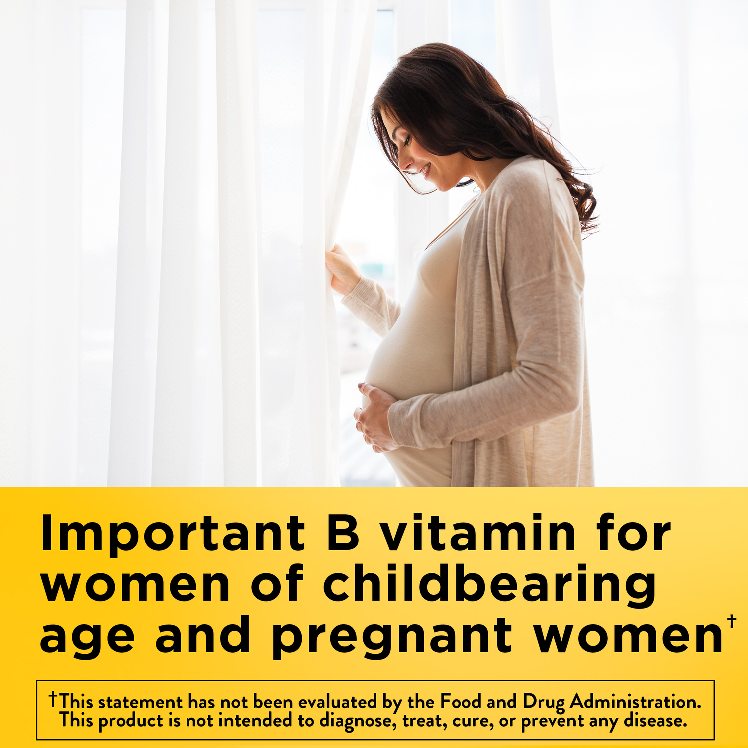 Folic Acid 400 mcg Tablets | Pregnant woman smiling by window with B vitamin for women of childbearing age and pregnant women text on a yellow background.