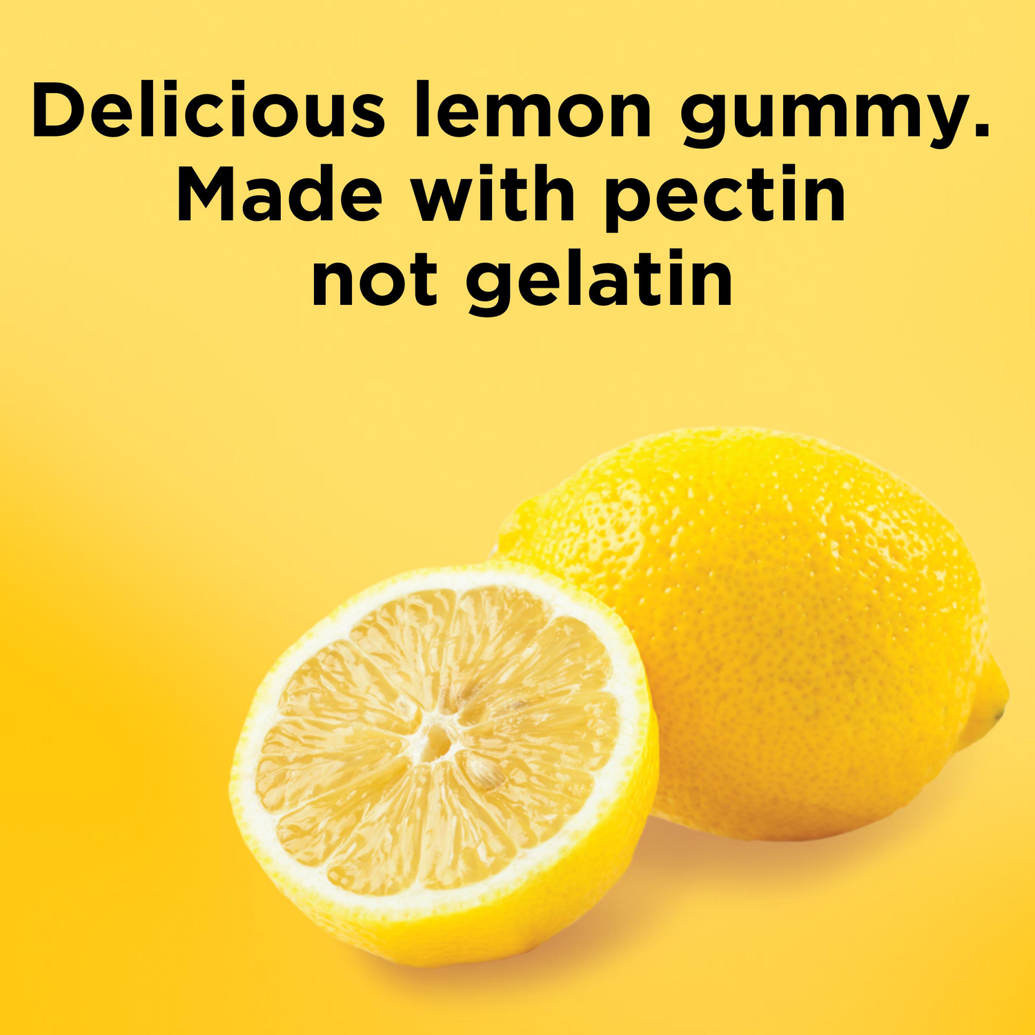 Collagen Gummies with Biotin, Zinc, C & E | Image displaying slices of lemon with delicious lemon gummy made with pectin not gelatin text on a yellow background.