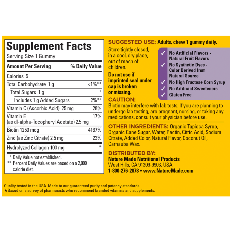 Collagen Gummies with Biotin, Zinc, C & E | Nature Made Collagen Gummies supplements facts label.