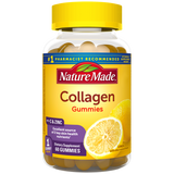 A bottle of Nature Made Collagen Gummies. The bottle label is yellow with the product name and benefits listed on the label.