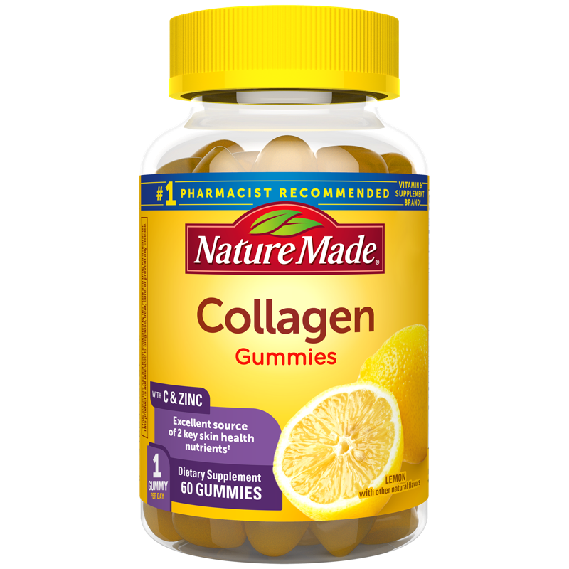 Collagen Gummies with Biotin, Zinc, C & E | A bottle of Nature Made Collagen Gummies. The bottle label is yellow with the product name and benefits listed on the label.
